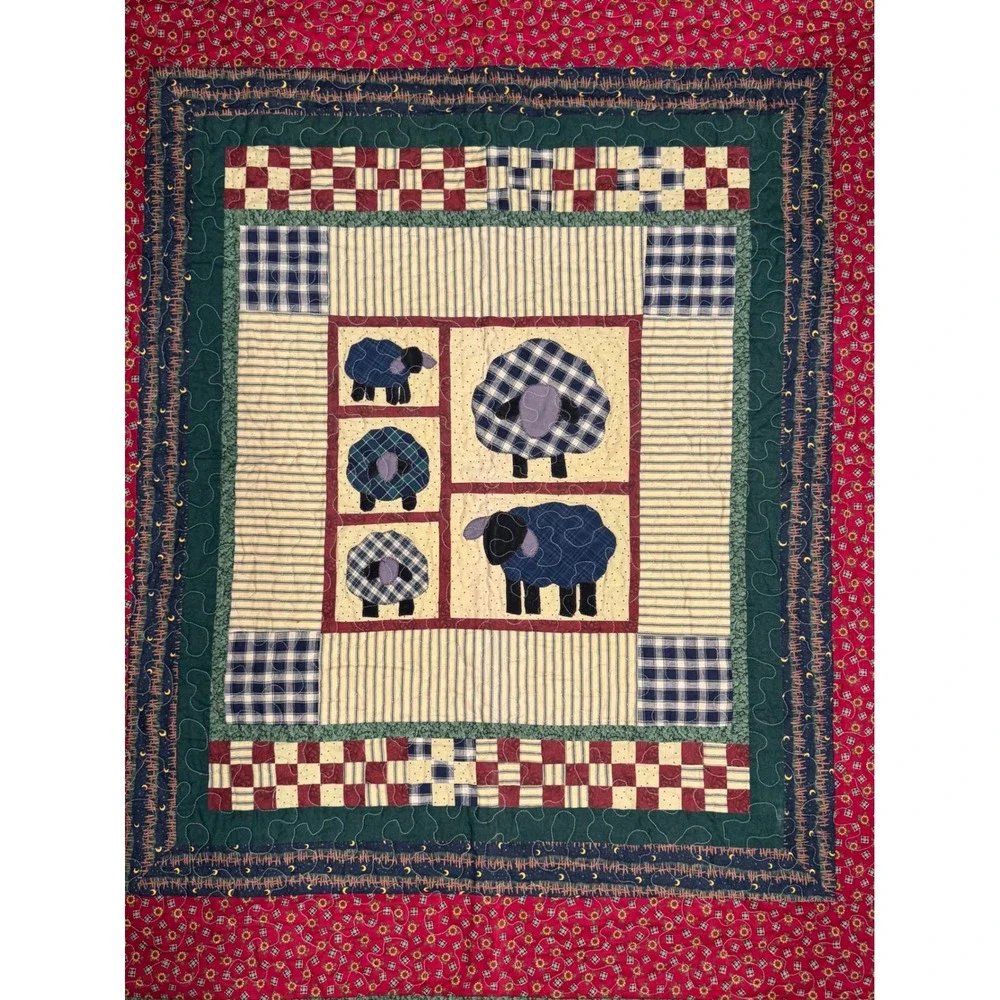 Handmade Primitive Country Sheep Quilted Wall Hanging Blue Plaid Farmhouse Decor